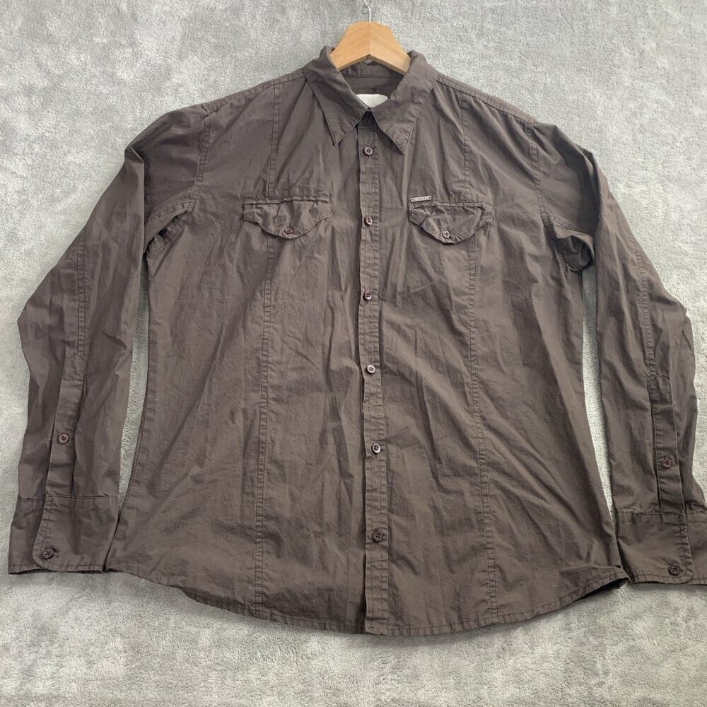 Diesel Shirt Men's XL Back Embroidery Brown Button-Up Casual Cotton Long Sleeve